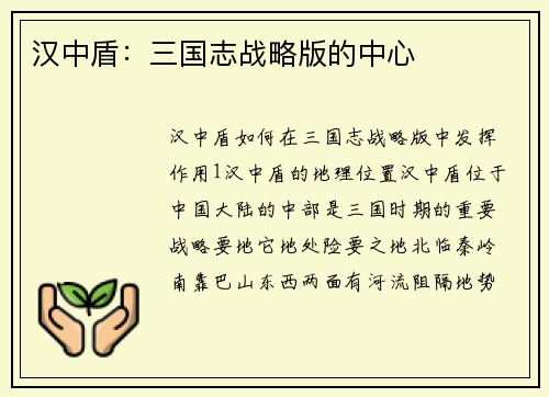 汉中盾：三国志战略版的中心