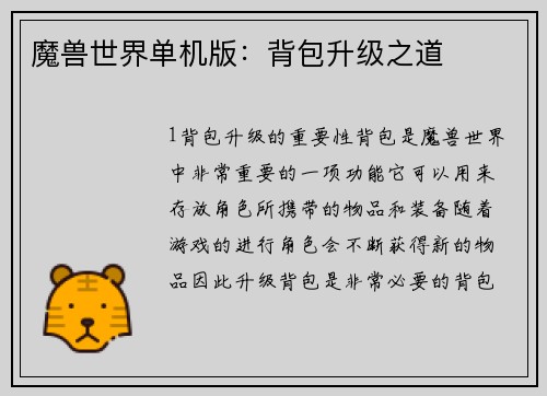 魔兽世界单机版：背包升级之道